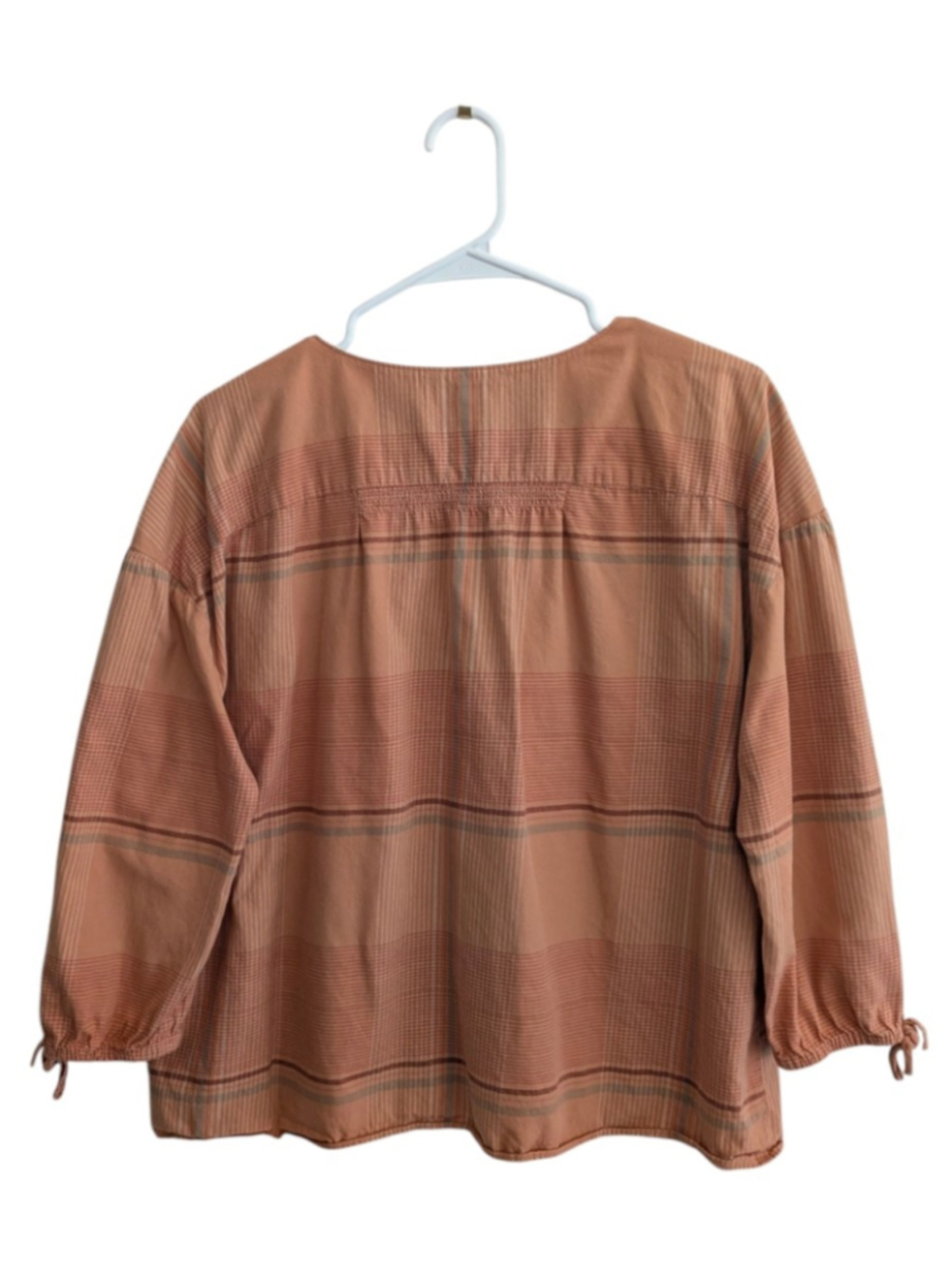 Madewell Morningview Shirt Peach Plaid Size M Tie Sleeve Cotton Blouse - Picture 4 of 7